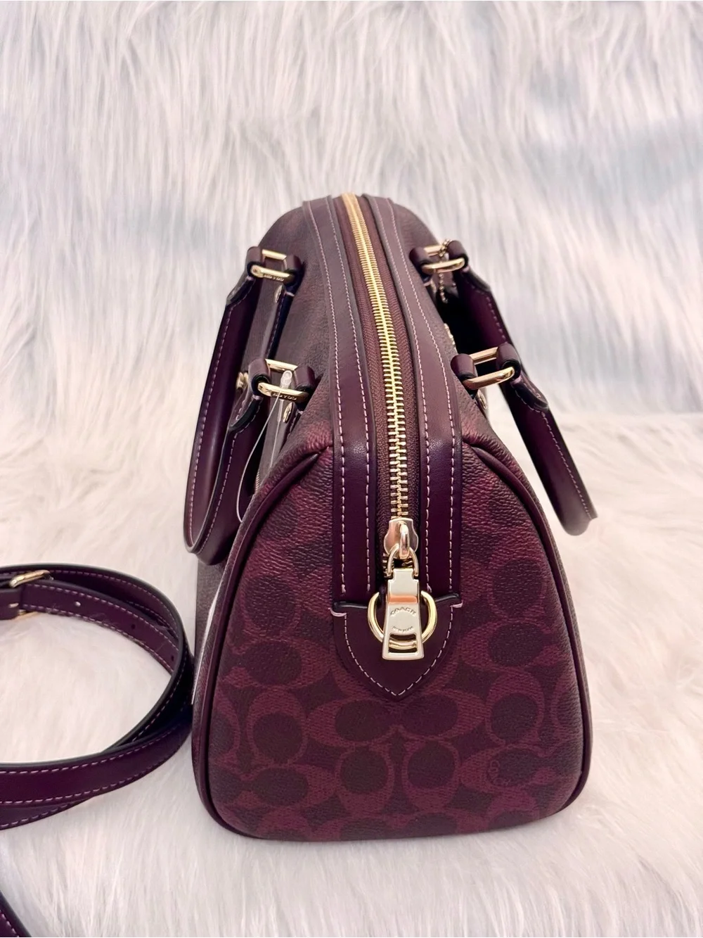 NWT Coach CV961 Rowan Satchel Bag In Signature Canvas Black Currant Color